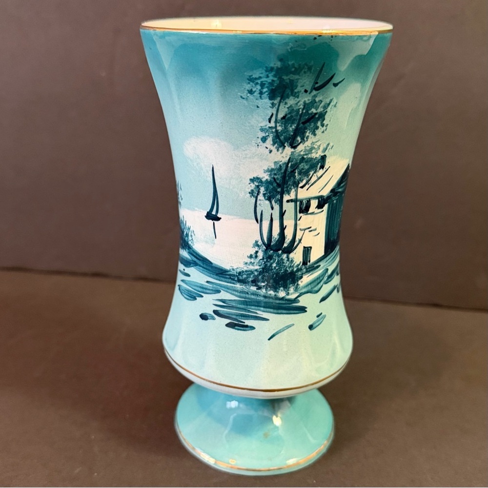 Nautical Porcelain Vase Portugal Teal Blue Sailboat Hand Painted Mid Century H h